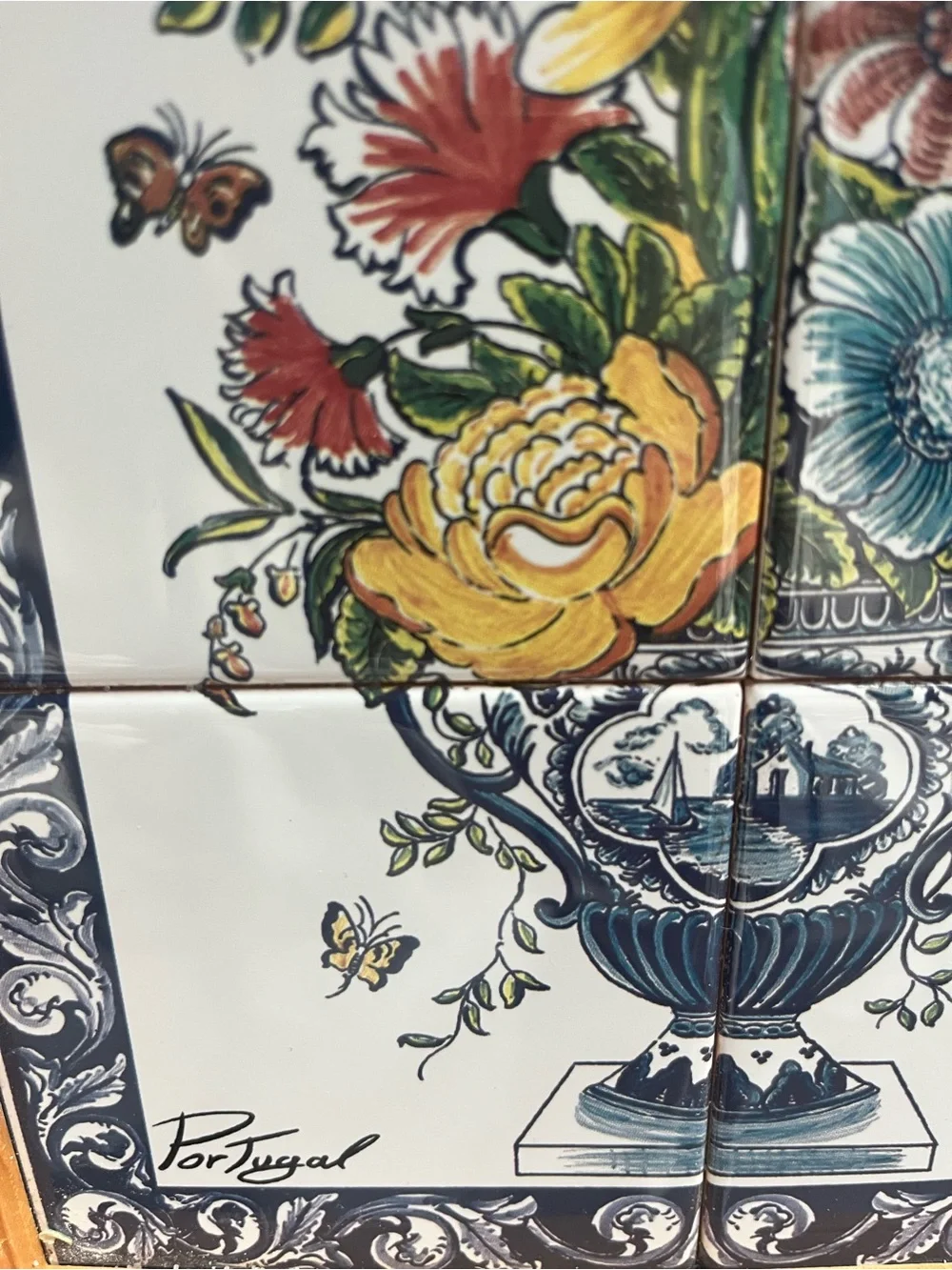 Decorative Floral Tile Wall Art in Multi-Color - made in Portugal artist signed